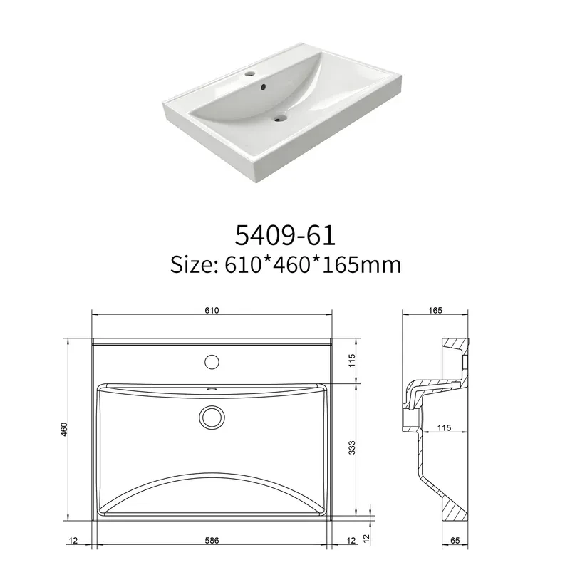 Engineering drawing of rectangular thin-edge ceramic vanity basin model 5409-61 showing dimensions installation details and overflow configuration
