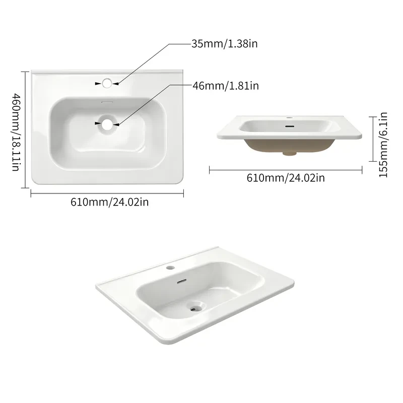 JETMAN Slim-Rim Möbelwaschtisch mit Überlauf 4010Y-61 – 610 mm Dünnrand-Keramikbecken mit soft-eckiger Innengeometrie – Bild 2