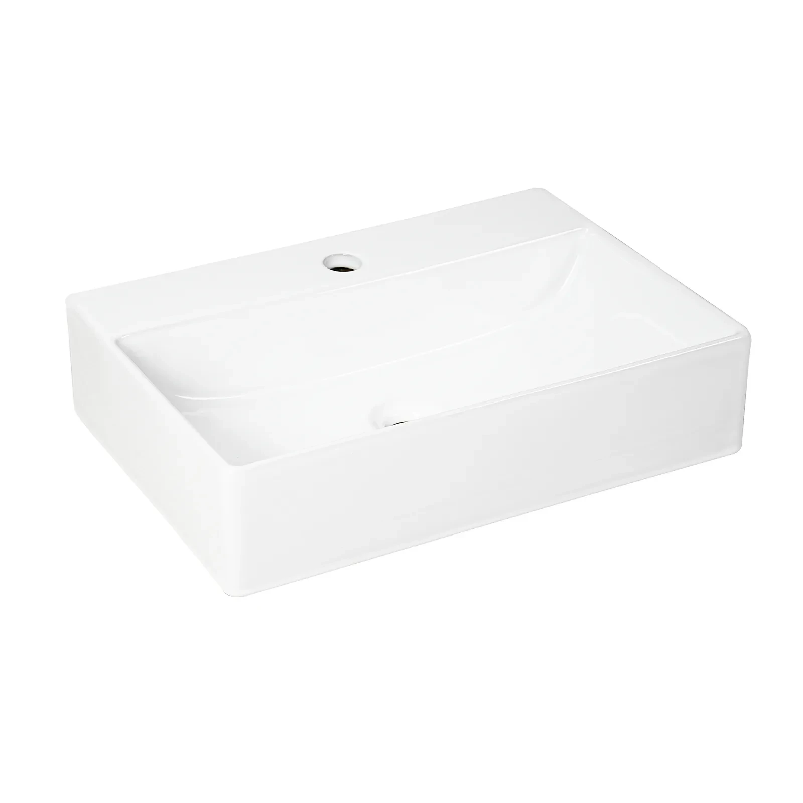 Rectangular wall-mounted ceramic basin with glossy white finish for hotel apartment and commercial bathroom projects